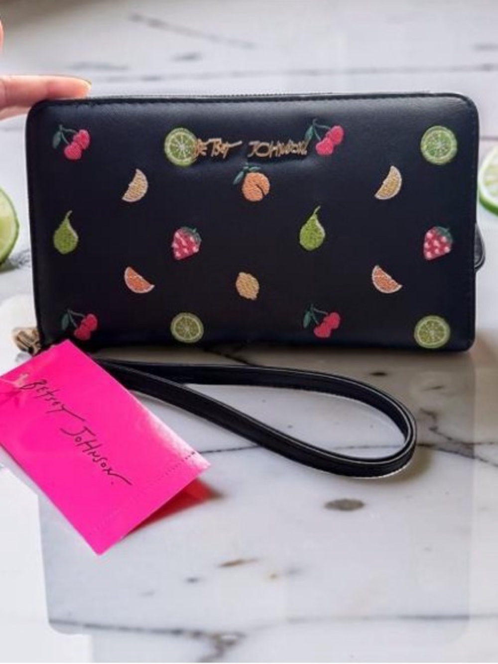 New! Betsey Johnson,Iconic,charming fruit print embroidered Wallet,large 8x4.5 🍒